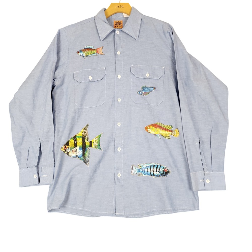 Vintage Big Ben by Wrangler Blue Tropical Fish Work Shirt‎ Medium USA Made